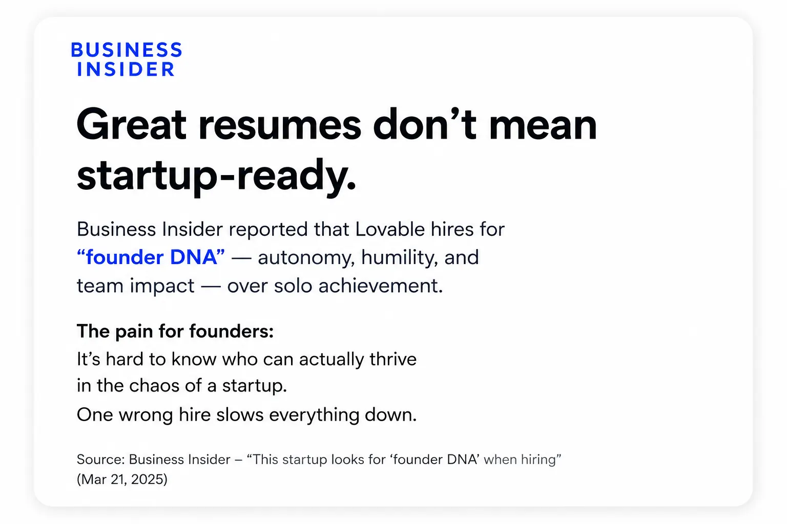 Founder-side hiring signal visual showing founder DNA and startup-readiness concerns